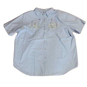 JANTZEN Solid All Blue Short Sleeve Button Up Embroidered Shirt Womens Size 2X